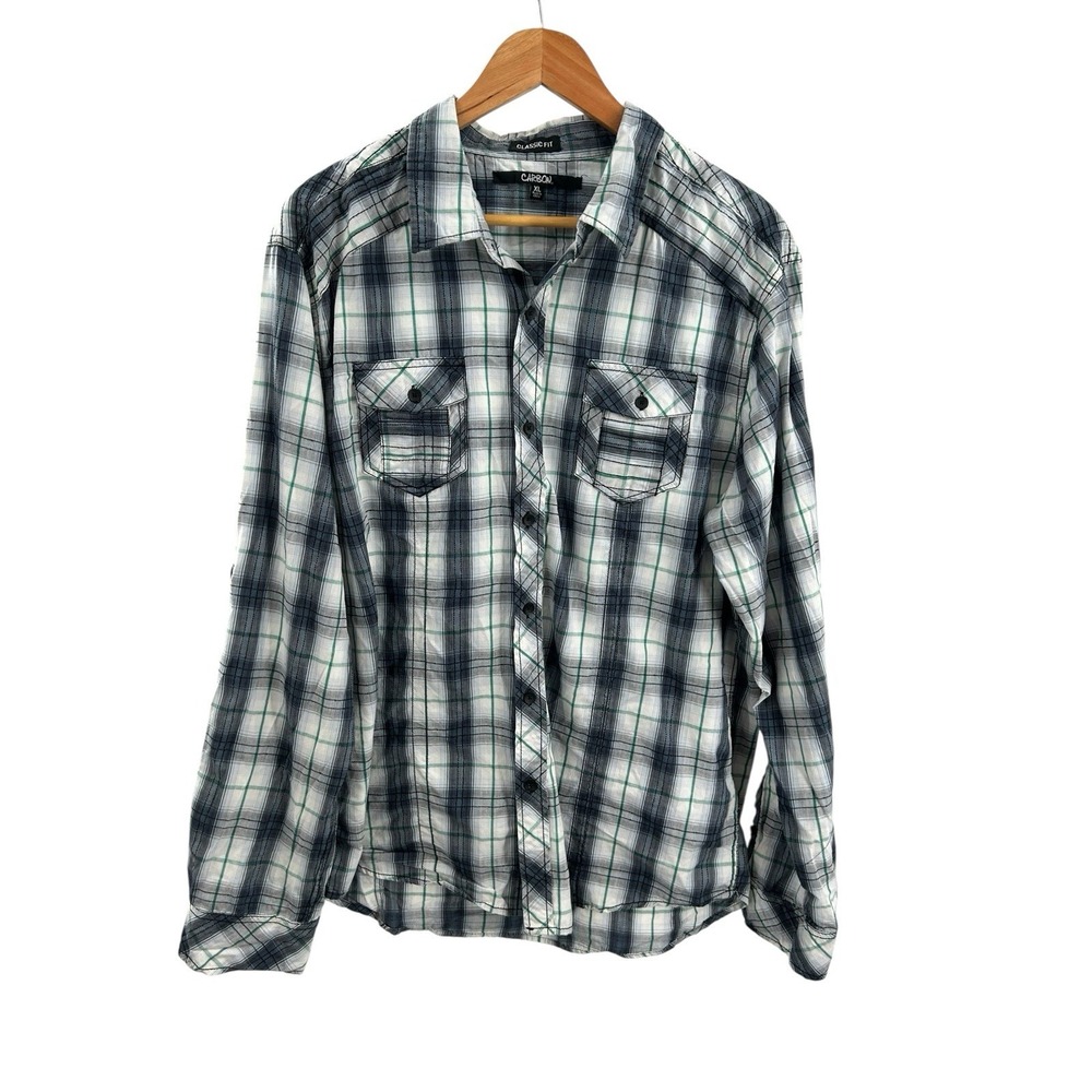 Carbon Classic Fit XL Men's Plaid Button Up Shirt Blue White Green Long Sleeve
